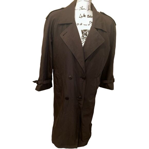 London Fog Trench Coat Black Removable Paisley Liner Double Breasted Sz 10‎ - Picture 1 of 15